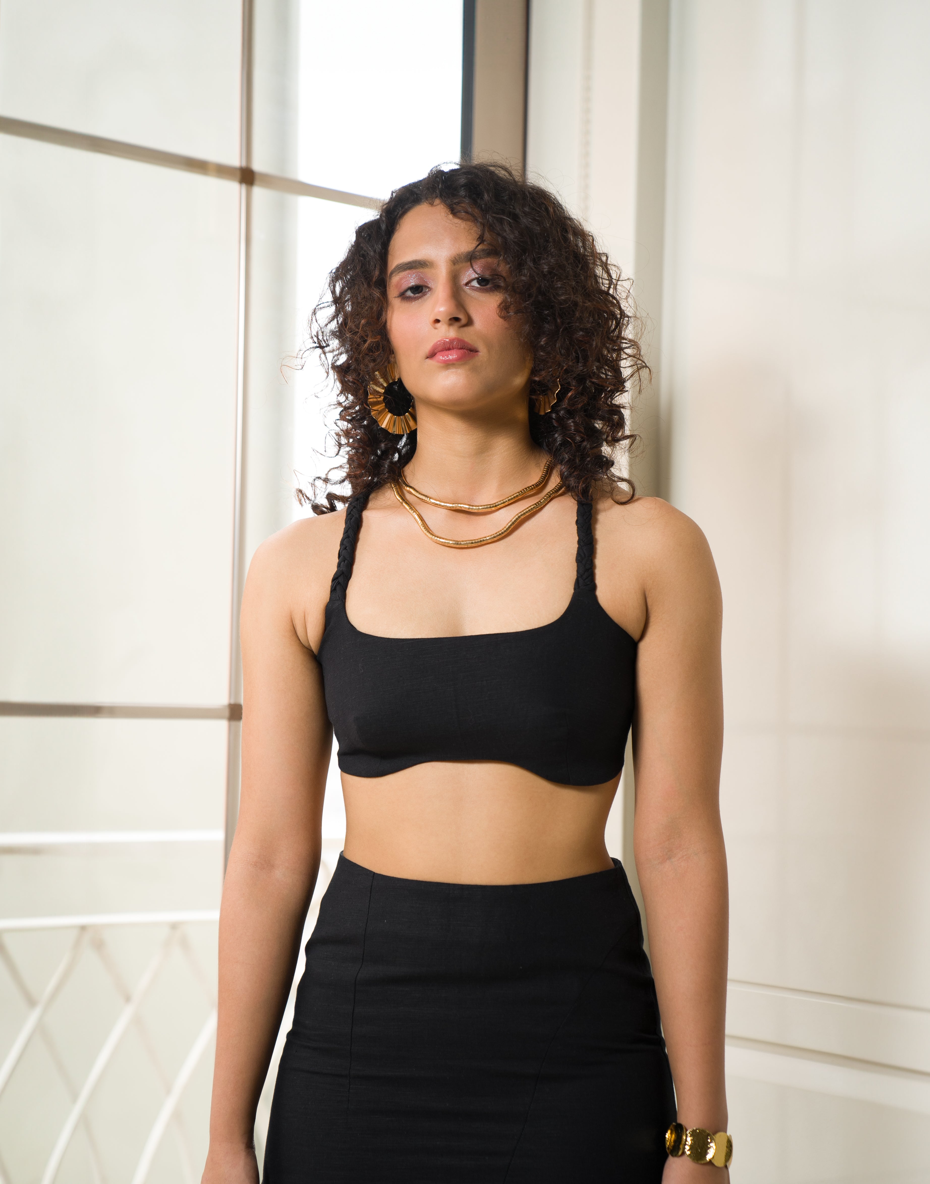 black bralette, black coord set, cord set, braided straps, black top, black crop top, bralet