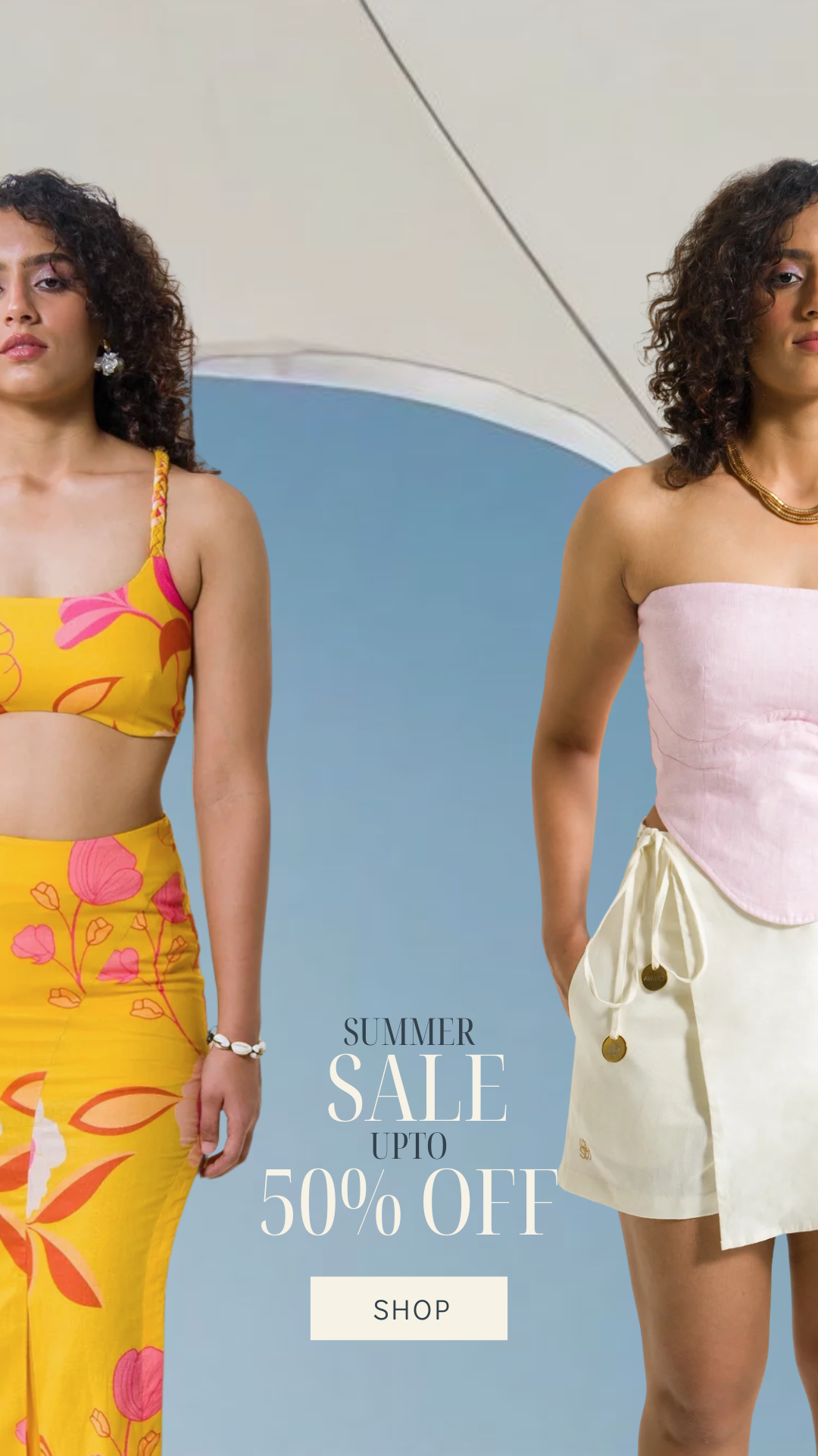 Two women wearing colorful outfits with a summer sale promotion text overlay.